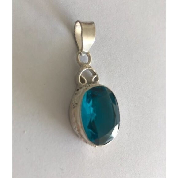 Sterling Silver Pendant Faceted Fx Blue Topaz Quartz Glass - Picture 10 of 13